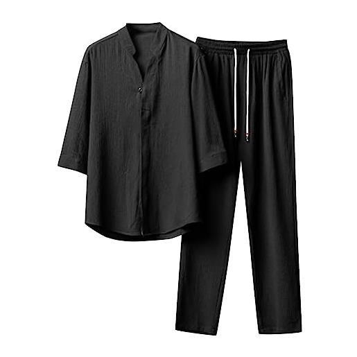 JMEDIC set da 2 pezzi in lino da uomo completi estivi per le vacanze al mare, camicia a maniche corte casual abbottonata set di pantaloni lunghi larghi (m, nero)