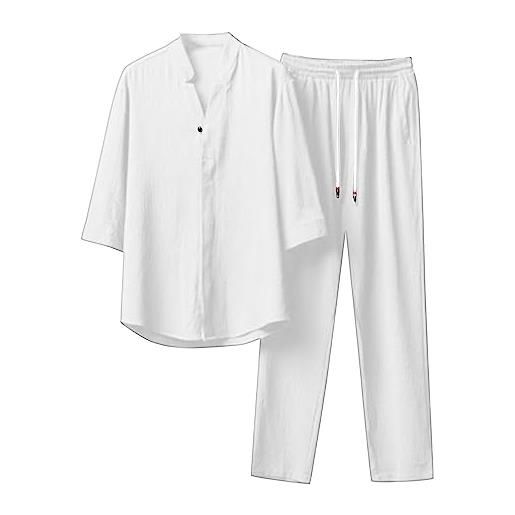 JMEDIC set da 2 pezzi in lino da uomo completi estivi per le vacanze al mare, camicia a maniche corte casual abbottonata set di pantaloni lunghi larghi (xxxxl, bianco)