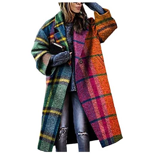 GUOCU autunno abbigliamento da donna cappotto lungo di lana stampato a quadri a maniche lunghe classica lunga giubbotto invernale caldo giacca a quadri moda casual cappotto outwear trench stile a m