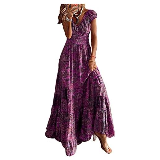 ABYOVRT vestito donna estivo casual scollo a v abito lungo elegante manica corta vestito boho fiore stampato casual maxi abito da vacanze spiaggia, rot, l