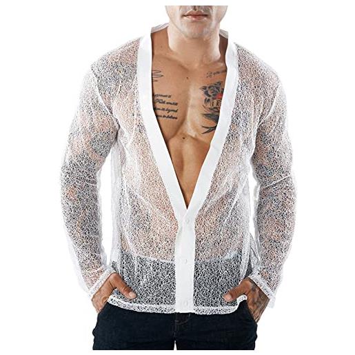 AIEOE camicia a rete da uomo trasparente a maniche lunghe trasparente sottile e traspirante, bianco 01, xl