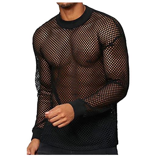 AIEOE camicia a rete da uomo trasparente a maniche lunghe trasparente sottile e traspirante, nero 03. , xxxl