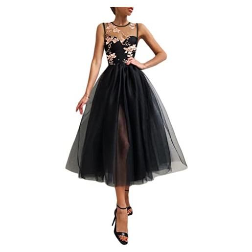 Onsoyours abito da sera donna scollo a v elegante tinta unita abiti in tulle midi senza maniche vita alta filato netto vestito da cocktail cerimonia a rosa xl