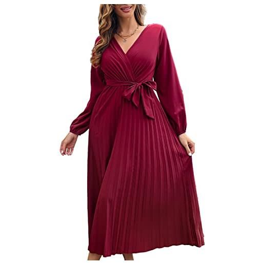Estink abito lungo da donna con maniche a lanterna e scollo a v con cintura e pieghe a linea per l'autunno invernale(xl-vino rosso)