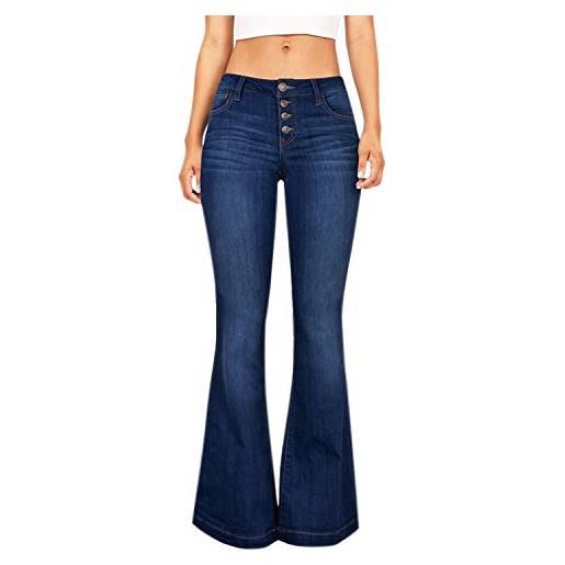 Semen - pantaloni da donna in jeans svasati, a vita alta, elasticizzati, con bottoni, chic, con zampe, elefante, graziosi. Bleu foncé 48