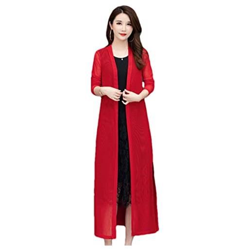 Pulcykp cardigan lungo estivo in seta di ghiaccio donne casual solido top cardigan scialle maglia cappotto sottile, cardigan rosso, xxxl