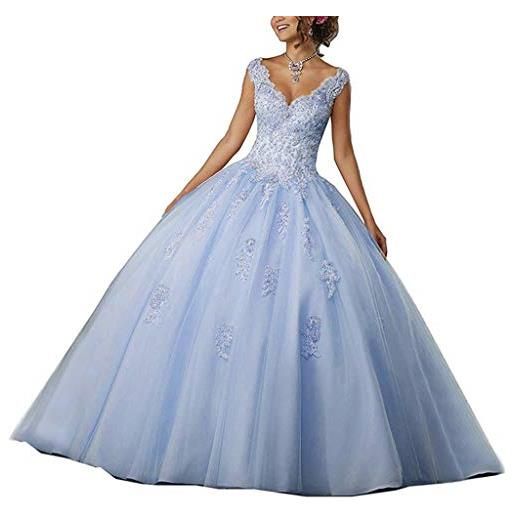 Vantexi abito da donna con scollo a v quinceanera con pizzo abiti da sera lunghi abiti da sposa eleganti, azzurro, 48