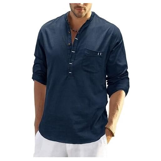 HENGNICE camicia da uomo t-shirt top new spring autunno inverno collo alla coreana camicia di lino in cotone camicia di lino da uomo a maniche lunghe (color: grey, size: l)