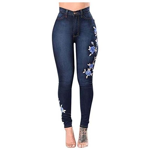 Huixin jeans tasche a vita in alta denim elasticizzato con ricamo costume a fiori, tasche frontali con zip e pantaloni casual a matita (color: dunkelblau, size: 3xl)