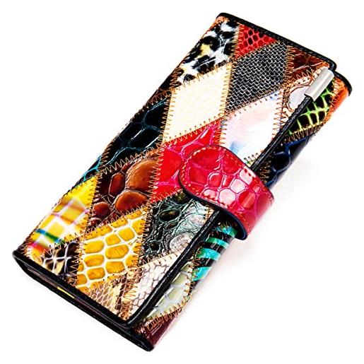 Karoukee grande portafoglio da donna patchwork fatto a mano, porta carte di credito porta monete in vera pelle colorata, pochette clutch per cellulare con 3 finestre id e cerniera scomparto