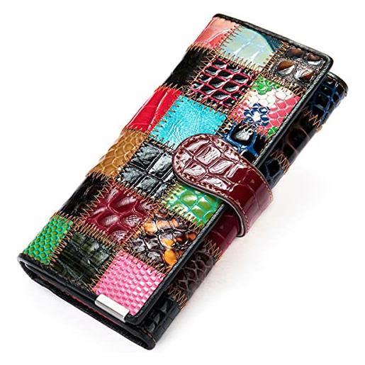 Karoukee grande portafoglio da donna patchwork fatto a mano, porta carte di credito porta monete in vera pelle colorata, pochette clutch per cellulare con 3 finestre id e cerniera scomparto