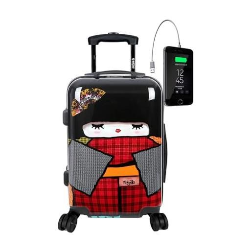 TOKYOTO - valigia trolley rigida japan doll 55x40x20cm per ragazzi bambini, 4 ruote 360º | bagaglio a mano giovanile con fantasia colorata divertente per ryanair, easyjet