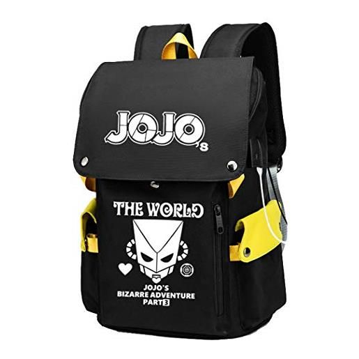 WANHONGYUE jo. Jo's bizarre adventure anime cosplay borsa da scuola zaino per laptop da 15,6 pollici con porta di ricarica usb e jack per cuffie giallo / 6