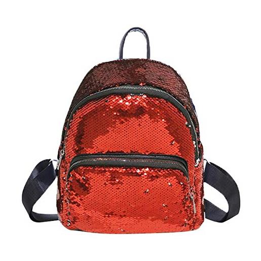 DemiawakingIT zaino con paillettes stile preppy borsa da viaggio glitterata borsa da scuola casual per studenti (rouge)