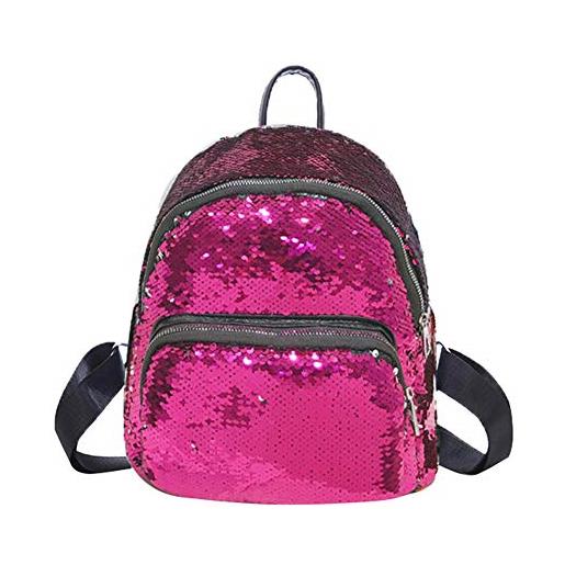 DemiawakingIT zaino con paillettes stile preppy borsa da viaggio glitterata borsa da scuola casual per studenti (rosa rossa)