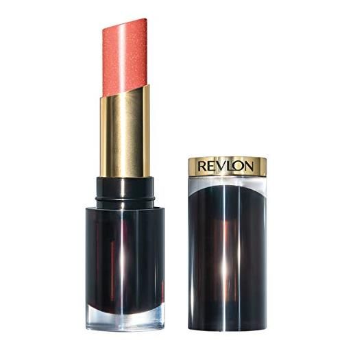Revlon super lustrous glass shine lipstick dewy peach, rossetto labbra dal colore brillante, formula cremosa e idratante con acido ialuronico, aloe e quarzo rosa
