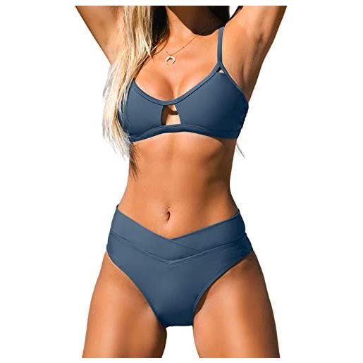 CUPSHE bikini set per le donne due pezzi costumi da bagno tagliato a vita alta scollo a v taglio fondo, blu pietra (stone blue), s