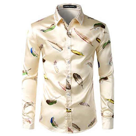 PARKLEES camicia da uomo casual di lusso stampata in seta come raso abbottonata per festa di nozze, cl11-beige, s