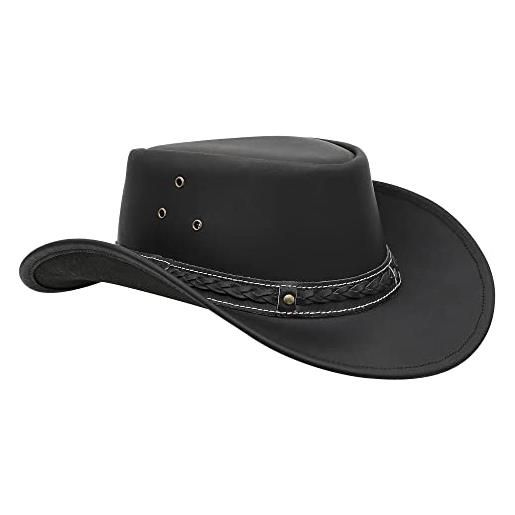 SideWinder cappello cowboy western australiano cappelli di cuoio modellabile pelle di vacchetta outback stile vintage tesa nero marrone tutte le taglie (nero, small)