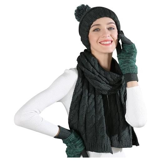 OROOTL cappello sciarpa guanti da donna invernale con pompon in maglia, berretto da neve caldo set invernale 3 in 1 per ragazze e donne, blu, taglia unica