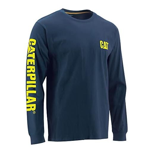 Caterpillar men's trademark banner long sleeve tee shirts with center back neck wire management loop and cat logo, detroit blue