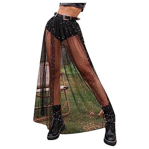 Floerns women's 2 in 1 sheer mesh high waist galaxy print a line maxi skirt black m