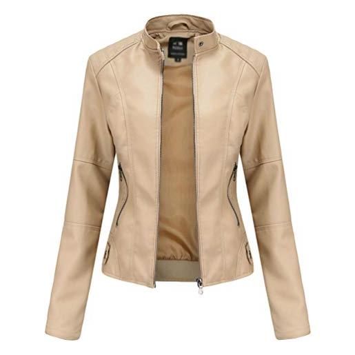 Zhiyuanan giacca ecopelle donna pu slim fit sottile collo alto primavera autunno manica lunga elegante giubbino corto giubbotti biker con cerniera albicocca m