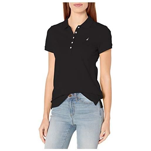 Nautica women's 5-button short sleeve breathable 100% cotton polo shirt, true black, large