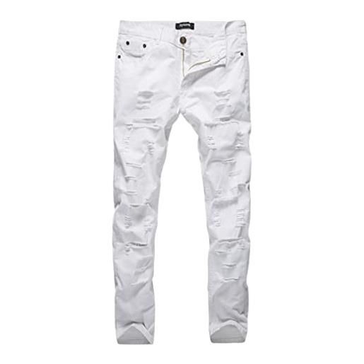 HWYBHT strappato jeans uomini con fori skinny slim fit distrutto strappato jean pantaloni per maschio denim pantaloni, bianco, m