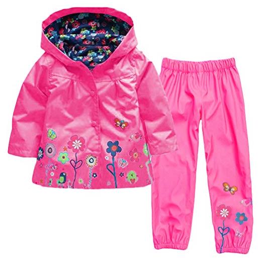 LvRao bambino impermeabile ragazza antipioggia giacca con cappuccio + pantaloni 2 pezzi set stampa animalier floreale (rose, 130)