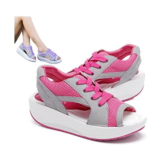 MYPOWR contrast paneled cutout lace-up muffin sandals, 2023 peep toe platform women causal summer toe platform sandals shoes (39, pink)