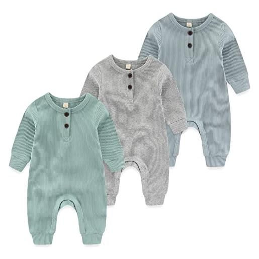MAMIMAKA pagliaccetto in cotone senza piedi pigiama per neonati per bambini da 0 a 18 mesi, confezione da 3, set di tre pezzi - 4, 9 mesi