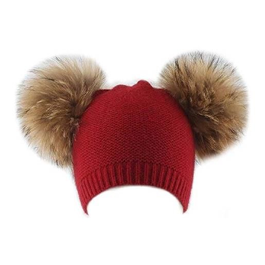 Brillabenny cappello cuffia doppio pon pon vera pelliccia bambina bimba bimbo 1-3 anni baby hat (rosso)