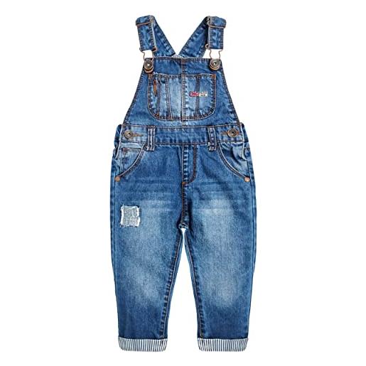 KIDSCOOL SPACE salopette di jeans per bebè e bimbe a scatto gamba/cavallo facile da cambiare pannolino, blu, 2-3 anni