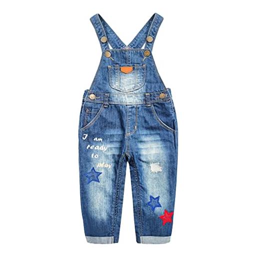 KIDSCOOL SPACE salopette di jeans ricamata con stelline facili da cambiare pannolino per bambine, blu, 3-4 anni
