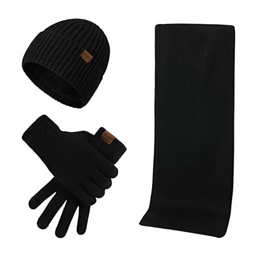 Kuukaas cappello 3 in 1 sciarpa e guanto touch screen per uomo e donna cappello invernale con fodera interna invernale set caldo, nero , taglia unica
