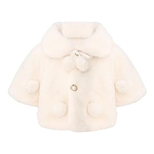 YiZYiF cappotto in finta pelliccia sintetica giacca per bambina neonata invernale capispalla giubbotto largo a maniche lunghe con pompon elegante mantello poncho outwear bianco- 6-12 mesi