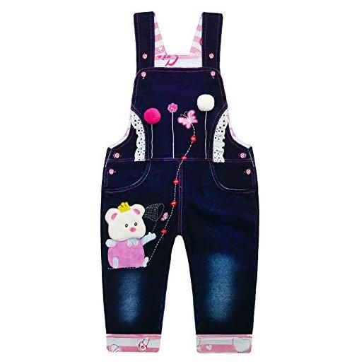 KIDSCOOL SPACE salopette di jeans per bebè, salopette jean con orsetto simpatico cartone animato da bambina, blu, 3-4 anni