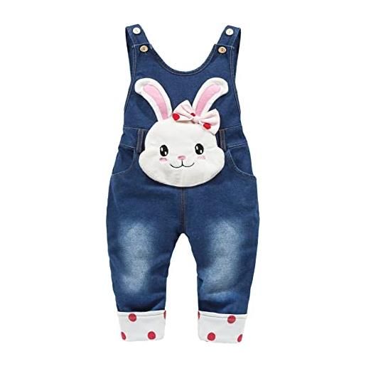 KIDSCOOL SPACE salopette di jeans per bebè, salopette jean con orsetto simpatico cartone animato da bambina, blu, 3-4 anni