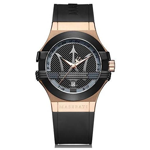 Maserati orologio da uomo, collezione potenza, movimento al quarzo, tempo e data , in acciaio, pvd oro rosa, pvd nero e poliuretano - r8851108002