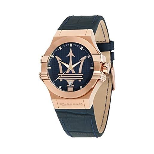 Maserati orologio da uomo, collezione potenza, movimento al quarzo, tempo e data , in acciaio, pvd oro rosa e cuoio - r8851108027