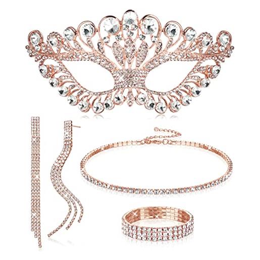 Kakonia 5 pezzi set di gioielli in cristallo con strass per donne maschera da travestimento girocollo con strass collana bracciali orecchini pendenti set gioielli da sposa oro rosa