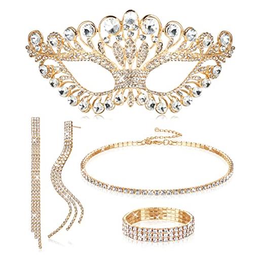 Kakonia 5 pezzi set di gioielli in cristallo con strass per le donne maschere in maschera con girocollo di strass collana braccialetti orecchini pendenti set gioielli da sposa oro