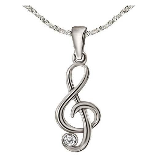 CLEVER SCHMUCK set collana da donna con ciondolo a forma di chiave musicale, 20 mm, con zirconi e catena singapore, 45 cm, in argento sterling 925, argento sterling, zirconia cubica