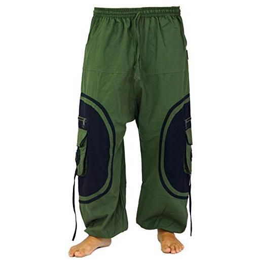 GURU SHOP, pantaloni goa, pantaloni da yoga da uomo, comodi pantaloni casual, verde oliva, cotone, dimensione indumenti: s/m (50), pantaloni