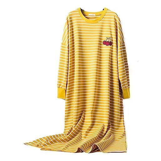 DSKK camicia da notte autunnale e invernale da donna pigiama camicia da notte in cotone a maniche lunghe a righe taglie forti (giallo, taglia unica)