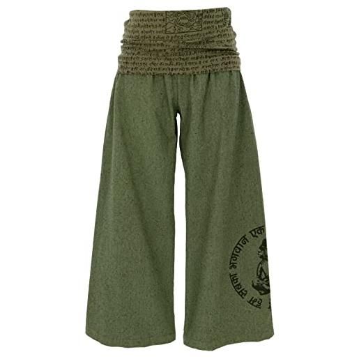 GURU SHOP guru-shop, pantaloni larghi marlene, pantaloni benessere, pantaloni yoga, pantaloni boho con cintura larga, verde, cotone, dimensione indumenti: l (40), pantaloni lunghi