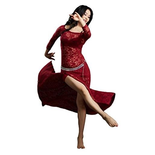 YiiJee donna danza del ventre performante costume belly dance abbigliamento vestito set vino rosso