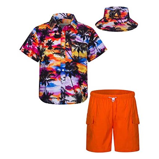 mohez little & big boys - set di 2 pezzi a maniche corte hawaiane con bottoni e pantaloncini cargo + cappello a secchiello per bambini di 3-14 anni, giallo2. , 11-12 anni