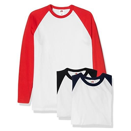 Fruit of the Loom baseball classico manica lunga t-shirt, bianco navy/bianco rosso/bianco royal blue, s (pacco da 3) uomo